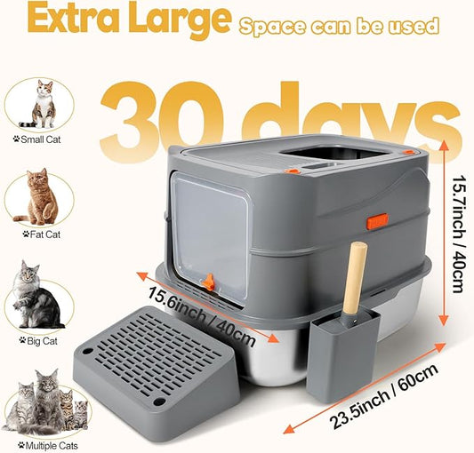 Stainless Steel Litter Box with 180° Flip-Top Lid, XXL 23.6”x 15.7”x 15.7” Enclosed Removable Metal Litter Cat Box with Filter Pedal, Scoop, Anti-Leakage, Non-Sticky, Easy Cleaning (Dark Gray)