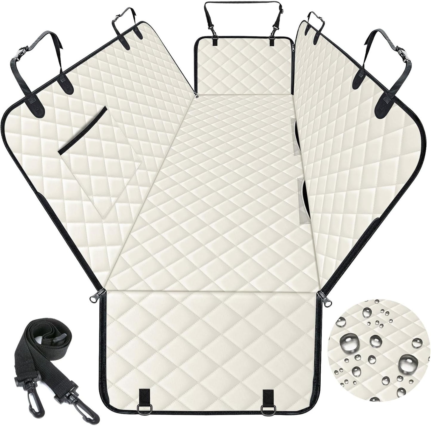 Dog Car Seat Cover, Durable Waterproof Scratch Proof Nonslip Dog Hammock, Pet Back Seat Covers with Pocket for Cars SUVs and Trucks - L, Beige/Black