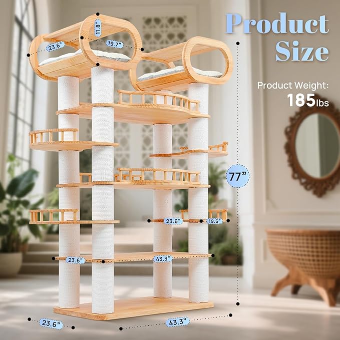 77" Tall Large Cat Tree,Solid Pine Wood Multi-Level Modern Cat Tower with Sisal Scratching Posts,Cat Condo and Removable Washable Cushions,Luxury Huge Cat House for Indoor Cats Large Adult