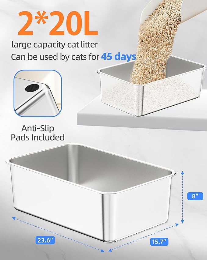 Stainless Steel Litter Box Set- [6-in-1] Extra Large Cat Litter Box with Pedal, Mat, Scoop, Brush, Wands, Non-Sticky Metal Litter Box for Cat, Kitt, Odorless, Easy Clean (23.6"x15.7"x8", 2 Pack)