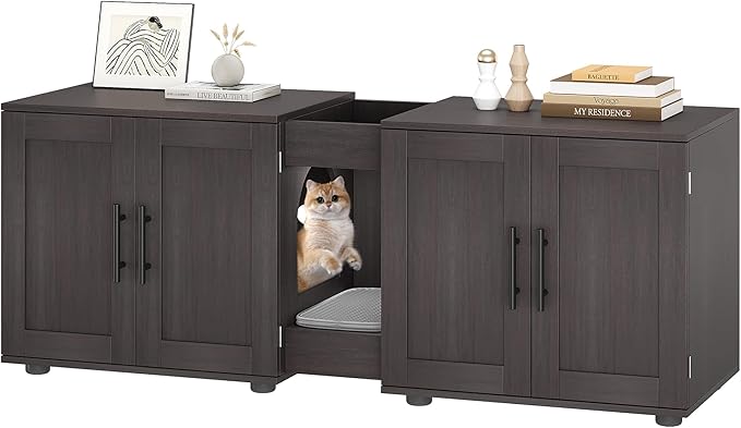 Double Litter Box Enclosure, Litter Box Enclosure with Double Room,Cat Hidden Litter Box Enclosure Furniture for 2 Cats with Double Room, 55”L x 17.7”W x 22.5”H Cat House, Wooden Cat Litter Box