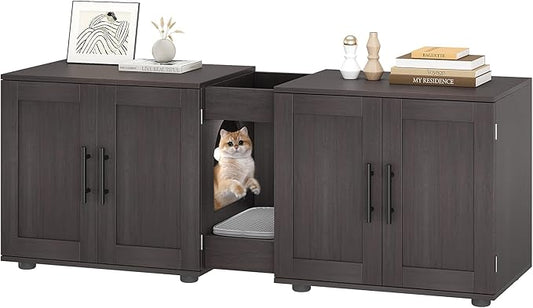 Double Litter Box Enclosure, Litter Box Enclosure with Double Room,Cat Hidden Litter Box Enclosure Furniture for 2 Cats with Double Room, 55”L x 17.7”W x 22.5”H Cat House, Wooden Cat Litter Box