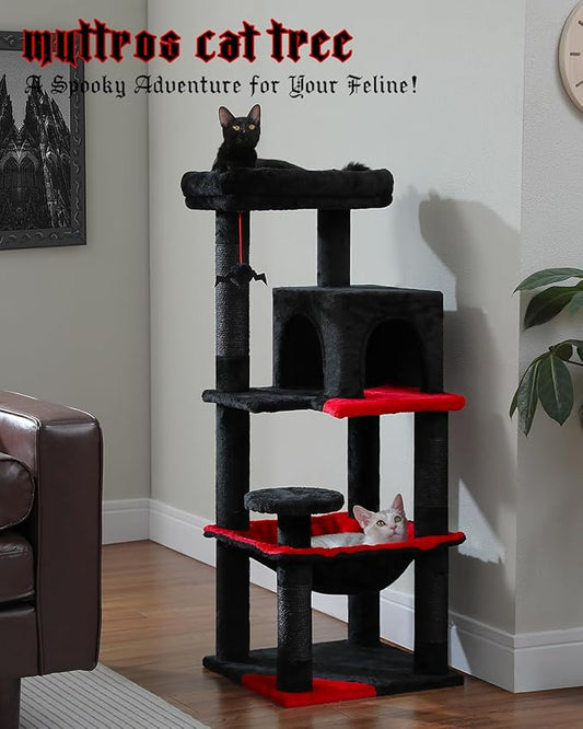 Gothic Cat Tree with Super Large Hammock, 45.7" Black Cat Tower with Coffin Bed, Cat Condo, Sisal Scratching Posts & Top Perch, Multi-Level Goth Cat Tree, Halloween, Black