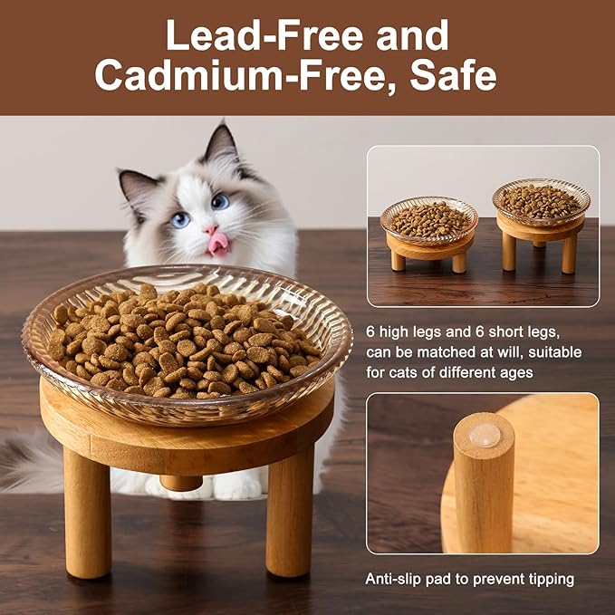Cat Bowls Whisker Friendly with Wooden Stands. Raised Elevated Glass Whisker Fatigue Cat Bowl for Indoor Cats. 2PCS (Amber)