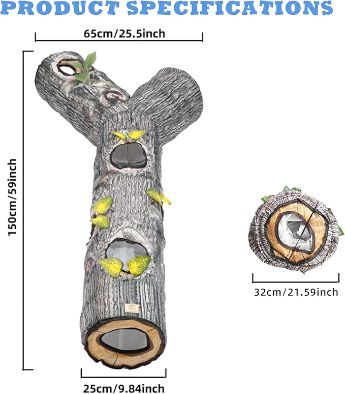 Tree Trunk cat Tunnel，Cat Tunnels for Indoor Cats, Cat Bed Tree Hole Toy with Three Channels and Leaves, Foldable & Easy to Store, Suitable for Cats and Other Small Animals to Chase and Play