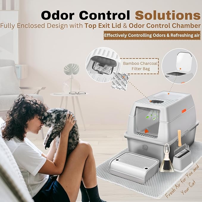 XXL Stainless Steel Sifting Litter Box with Lid, Fully Enclosed 8" Deep Metal Cat Litter Box, Leak-Proof, for Pine Pellets or Clumping Litter, for Large & Multi-Cats, with Litter Mat & Scooper & Brush