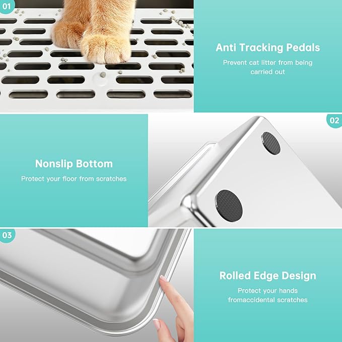 Stainless Steel Cat Litter Box with Lid, XL Metal Litter Box for Big Cats, Extra Large Litter Box with High Sides, Never Absorbs Odors, Non-Sticky, Easy Clean, Anti-Urine Leakage, with Scoop