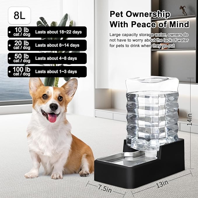 RIZZARI Stainless Steel Pet Water Feeder: 8L Automatic Leak-Proof Gravity Dispenser for Cats Dogs Indoor Outdoor Use（Black Without Filter,8L）