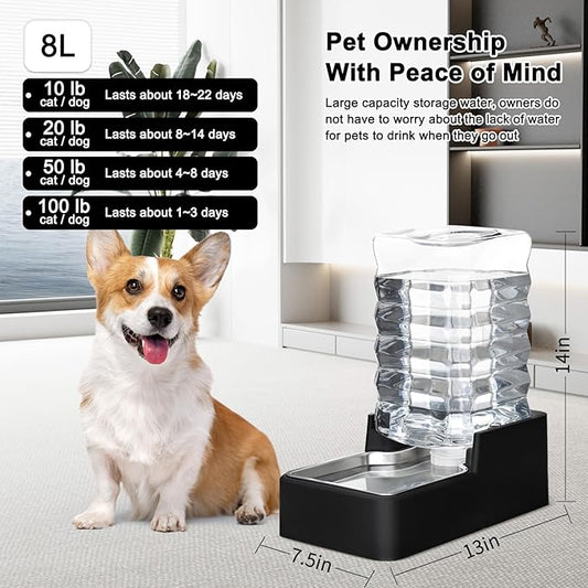 RIZZARI Stainless Steel Pet Water Feeder: 8L Automatic Leak-Proof Gravity Dispenser for Cats Dogs Indoor Outdoor Use（Black Without Filter,8L）