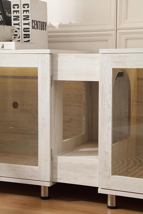 Double Cat Litter Box Enclosure for 2 Cats,Modern Double Litter Box Furniture with 7 Colors LED and Built-in Power Outlet,Large Cozy Cat Home,4 Glass Doors for Better Viewing, (White)