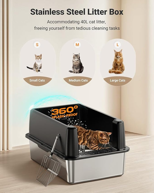 XL Stainless Steel Litter Box, Large Metal Cat Litter Box with High Sided for Big Cats, Enclosed Litter Boxes with Lid, Easy-Clean Cat Litter Mat & Scoop Kit, Anti-Urine Leakage (Black)