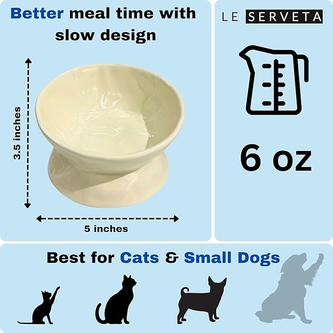 Ceramic Raised Cat Bowl, Elevated Pet Food Bowl for Small Dog, Cute Cat Dish Tilted, Whisker Fatigue, Wrinkle Texture (Yellow)