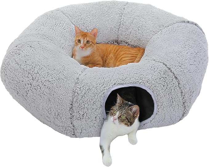 PEQULTI Cat Tunnel with Bed for Indoor Cats, Cat Play Donut Tunnel with Washable Soft Plush Mat, Round Cat Tunnel Toys Cute Cat Tube for Kittens, Puppies, Rabbits and Ferrets, Grey
