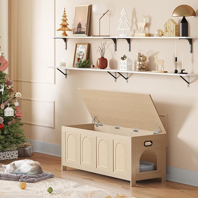 DINZI LVJ Cat Litter Box Enclosure, Flip Top Litter Box Furniture, Hidden Cat Washroom, 2-Entrances Wooden Pet House, 47.2" L x 18.7" W x 19.7" H, End Side Table, TV Stand, Easy to Assemble, Natural