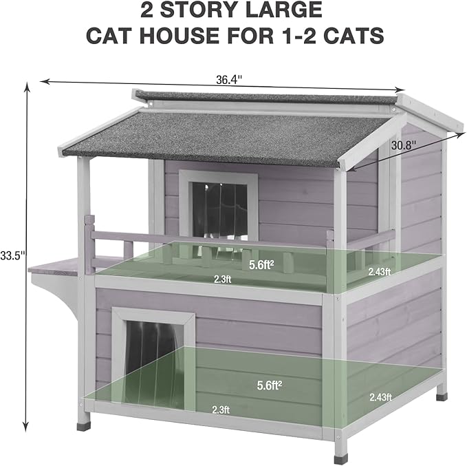 Outdoor Cat House with Large Balcony, Two-Story Cat Shelter with Waterproof Roof and Stairs, Wooden Feral Cat Home with Escape Door