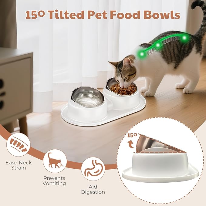 Tilted Elevated Cat Bowls, Dog Water and Food Bowl Set Anti Vomiting, Stainless Steel Pet Bowls with Base, Non-Slip Pet Feeder Bowls for Puppy Small Dogs Cats