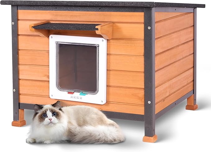 Outdoor Cat House, Feral Cat Houses Waterproof of All-Around Iron Frame, Solid Wooden Cat Shelter with Adjustable Door for Cats, Dogs and Other Small Animals
