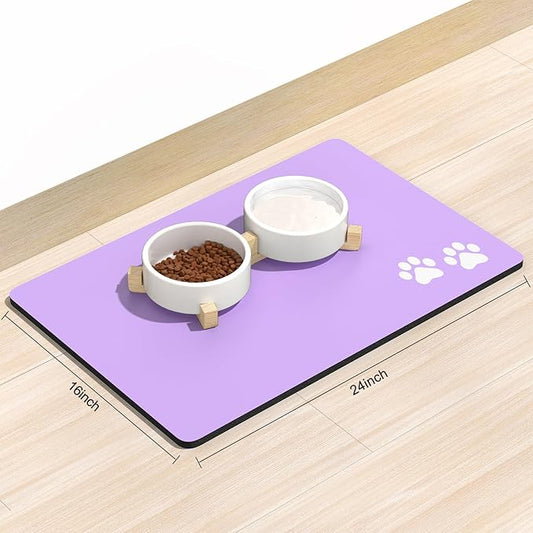 Rnivvi Dog Food Mat, 16" x 24" Footprint Absorbent Dog Cat Bowl Mat for Food and Water, Cute Anti-Slip Rubber Pet Feeding Rug Protect Floors, Puppy Placemat for Feeding & Watering Supplies, Purple