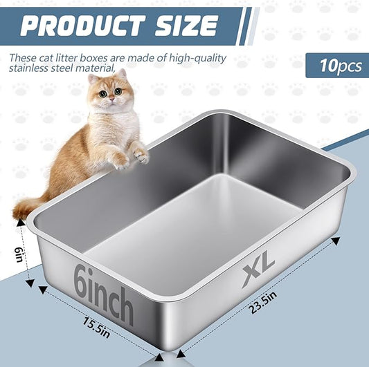 Tioncy 10 Pack Stainless Steel Litter Box for Cat,23.5 x 15.5 x 6 Inch Extra Large Metal Litter Box Non Stick Litter Pan with High Sides Never Absorbs Odor, Rustproof for Cat Dog
