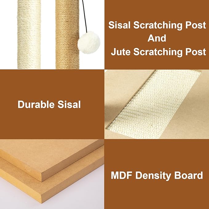 PAWSFANS Small Cat Scratching Post Toys,Sisal Jute 2 Scratch Posts for Kittens and Cats,Hanging Ball with Feather Spring Ball 16inches Beige