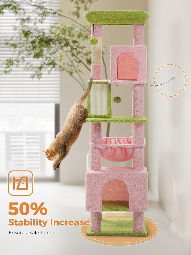 71 Inch Tall Pink Cat Tree for Indoor Cats Large Adult, Multi-Level Cat Tower with Extra Large Hammock, 2 Cat Caves, Spacious Top Perch, Scratching Pad