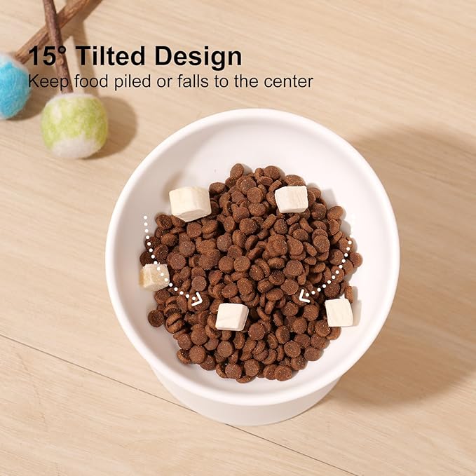 YauYik Ceramic Raised Cat Bowls, Elevated Tilted Cat Food and Water Bowls Set, Stress Free Pet Feeding Dish for Indoor Cats and Small Dogs, Anti Vomiting, White, 2 Pack