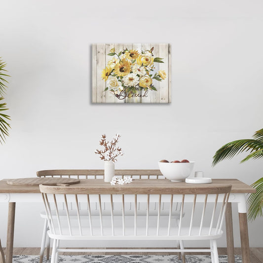 Sunflower Bathroom Pictures Wall Art, Simple Blessed Floral Bathroom Wall Decor, Flower Framed Painting Canvas Artwork for Bedroom Living Room Decorations 16"L x 12"W