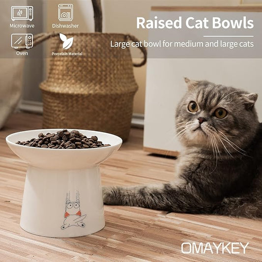 OMAYKEY 6.5 Inch Extra Wide Ceramic Raised Cat Bowls, Upgraded Elevated Porcelain Cat Food Water Bowl Dish, Stress Free Pet Feeder Bowls Dishes for Elder Big Cats & Small Dogs, White