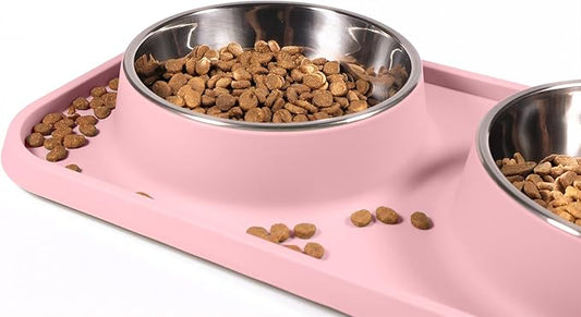 Cat Food Bowls, Cat Bowls Non-Skid and Non-Spill Silicone Pads with PP Stand, Removable Stainless Steel Food and Water Dishes for Cats, Small Size Dogs