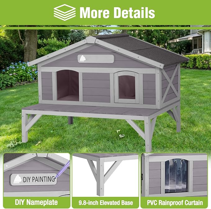 GUTINNEEN Outdoor Cat House Weatherproof with 3 Entry Doors, Elevated Base & PVC Curtain, Indoor/Outdoor Kitty Shelter for Small-Medium Pets