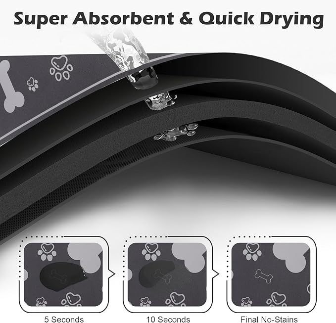 Pet Feeding Mat,Rapid Absorbent Mats for Dog Cat Food, Dog Placemat Water Bowl Mat with Rubber Backing,Messy Drinkers to Protect Floors, Pet Accessories 12"x18" Dark Grey