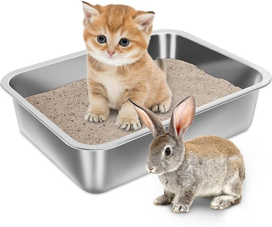 Stainless Steel Litter Box for Kitten, 15.7"×11.8"×4" Small Litter Box for Kittens Easy Entry, Non Odor, Easy to Clean, Metal Litterbox for Cat, Rabbit, Guinea Pigs and Hamsters