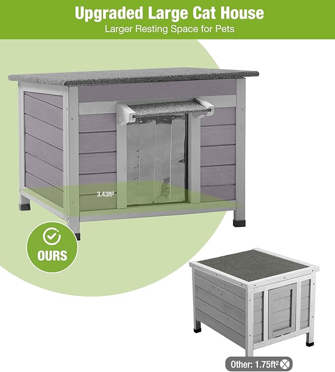 Outdoor Cat House Weatherproof, Feral Cat Shelter with Asphalt Openable Roof, PVC Curtain & Elevated Base for Rain Resistance and Easy Cleaning