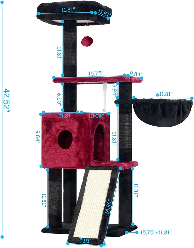 Hey-brother Gothic Cat Tree, 42.5-Inches Cat Tower for Indoor Cats, Plush Multi-Level Kitten Cat Condo with Scratching Post,Ramp, Basket, Spacious Cat Cave, Hanging Ball, Black and Red MPJ007SBR