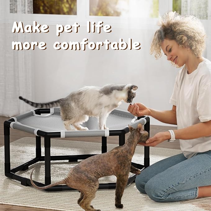 Tresbro Elevated Cat Hammock Bed, Hexagon Raised Cat Swing Bed for Indoor and Outdoor Use with Breathable Fabric & Anti-Slip Block, 23.6'' x 10.6'' x 12'' Pet Chair for Large to Small Kitty Cot