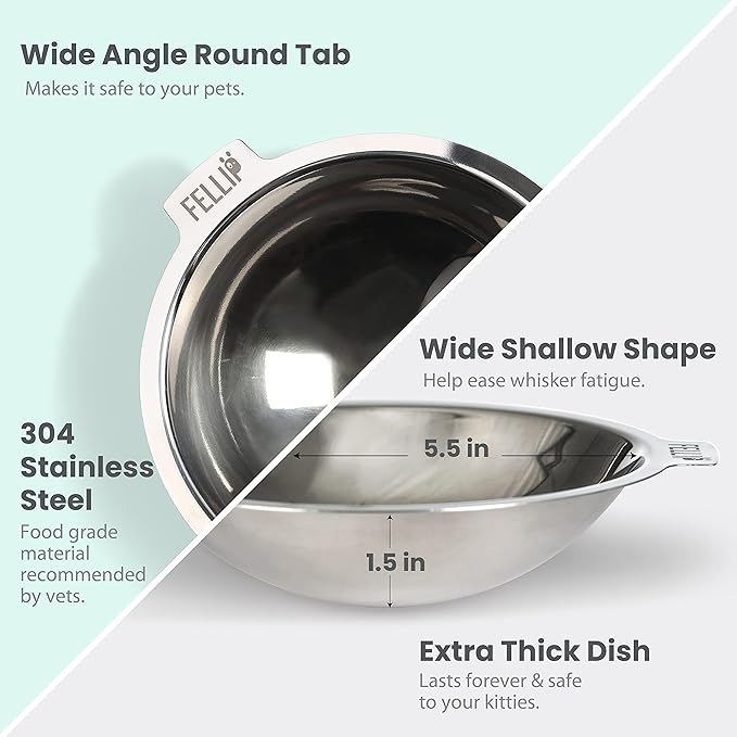 Felli Oblik Elevated Cat Food Bowls 304 Stainless Steel Removable Flat Dish for Whisker Fatigue & Dishwasher Easy Clean, Raised 15° Tilted Stand Non Slip, Wide Metal Plate Anti Vomit (0.5Cup, Classic)