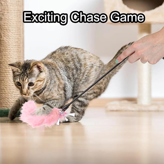 Hypeety Interactive Cat Toys Feather Wand Teaser Cat Wand Feather Rod with Bells for Indoor Cat Kitten Fun Interactive Toys 2pcs (Random Color)