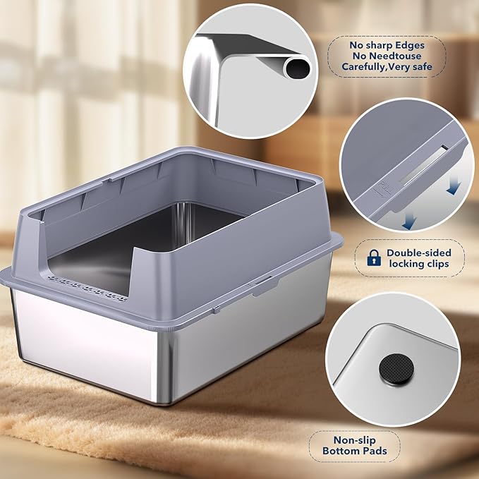 Stainless Steel Litter Box with lid,28" L x20 W XXL Extra Large Litter Boxes,Metal Litter Box with Hight Sides for Big Cats& Multiple Cats,Never Absorbs Odors, Anti-Urine Leakage, Easy Cleaning