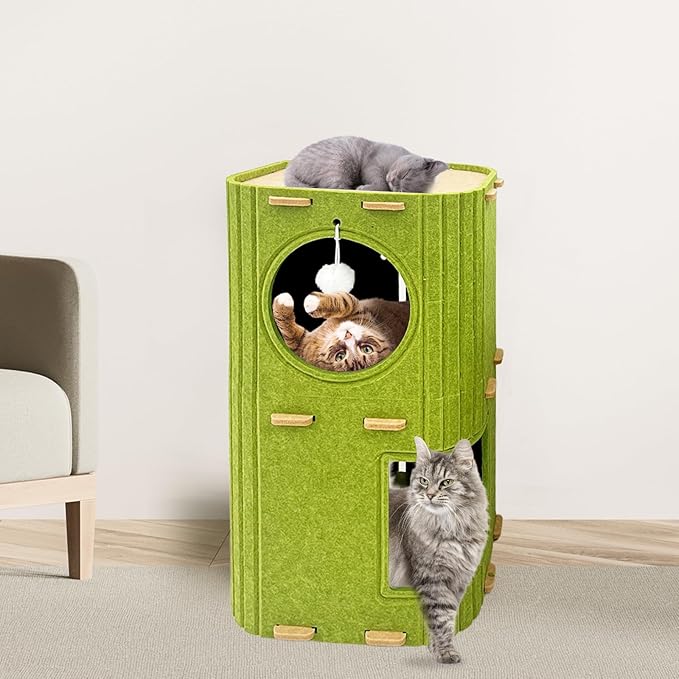 Homegroove Cat House for Indoor Cats, 2-Storey Cozy Felt Cat Bed Cave with Tunnel Hideaway, Large Multi-Cat Condo for Rest & Play (Green, Large)