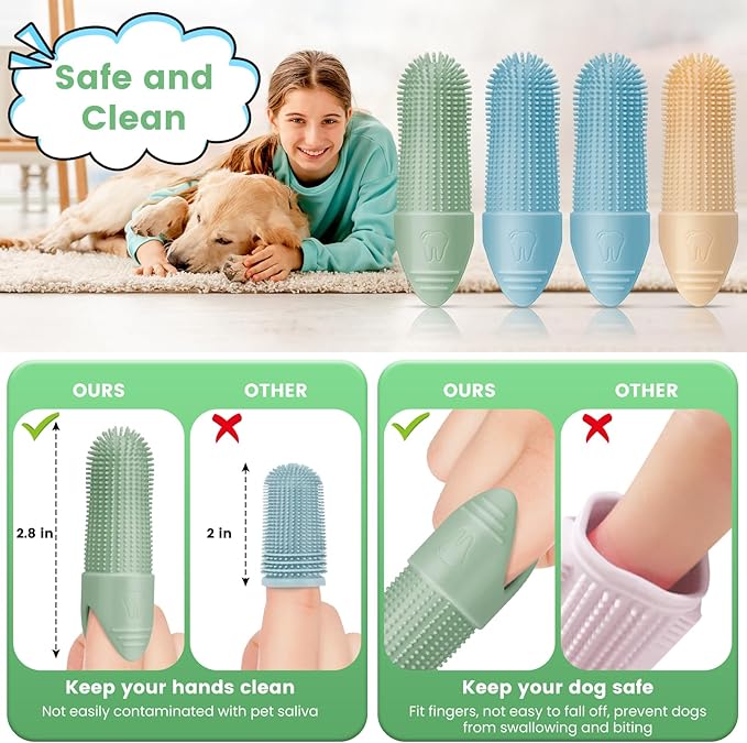 4 Pack Dog Toothbrush, 360° Cleaning Finger Brush for Dogs Teeth, Food Grade Silicone Pet Brush Fits Most Fingers, Puppy Toothbrush for Dogs & Cats Dental Care