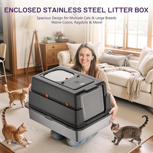 Stainless Steel Litter Box with Lid, 28" XXXL Large Cat Litter Box Enclosure for Multiple Cats, Odor Control with Carbon Filters, Anti-Leak High Sided, Includes Removable Lid & Scoop, Black