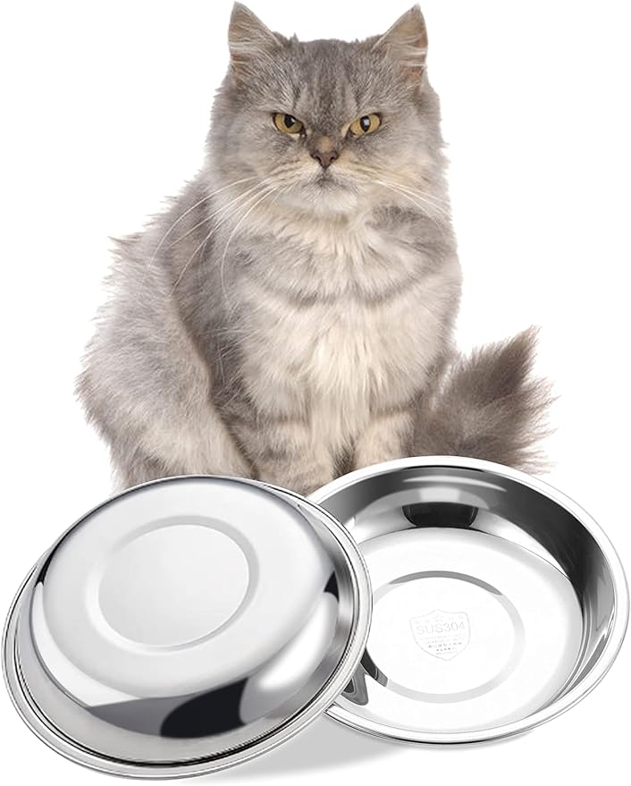 VENTION Medium Shallow Cat Food Bowls, Outer Dia. 8.1 in Whisker Fatigue Cat Bowl, Stainless Steel Cat Food Dish for Indoor Cats, Set of 2 Replacement Cat Bowls for Raised Station(26.7 Fl.oz)