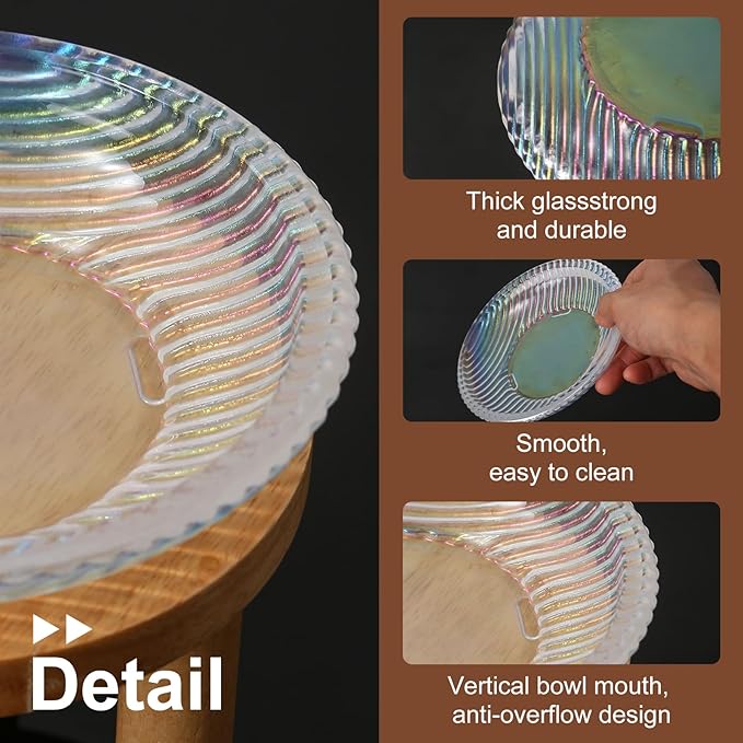 Cat Bowls Whisker Friendly with Wooden Stands. Raised Elevated Glass Whisker Fatigue Cat Bowl for Indoor Cats. 2PCS (Rainbow Colors)