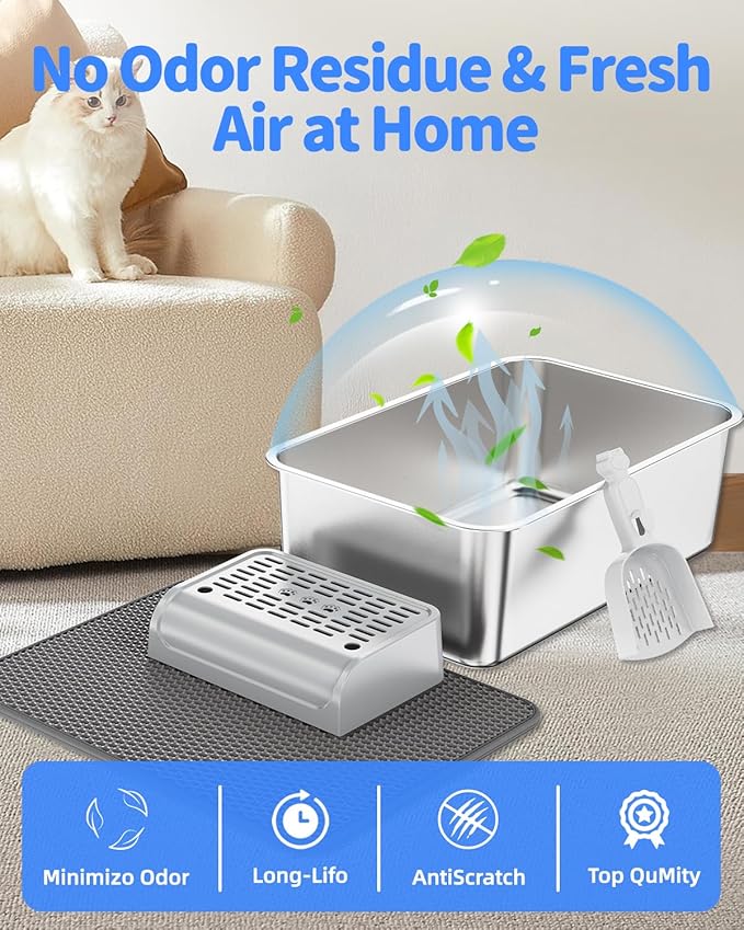 Stainless Steel Litter Box Set- [6-in-1] Cat Litter Box with Pedal, Mat, Litter Scoop, Brush, Cat Wands, Non-Sticky Metal Litter Box for Cat, Kitty, Rabbit, Odorless, Easy Clean(17.7"x13.8"x6",3 Pack)