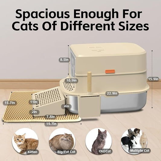 Stainless Steel Cat Litter Box with Lid, 3 in 1 Removable Litter Box for Big/Multiple Cats, High Sides Kitty Litter Pan, Leak-Proof XL Extra Large Enclosed Metal Litter Pan Easy Clean with Scoop & Mat