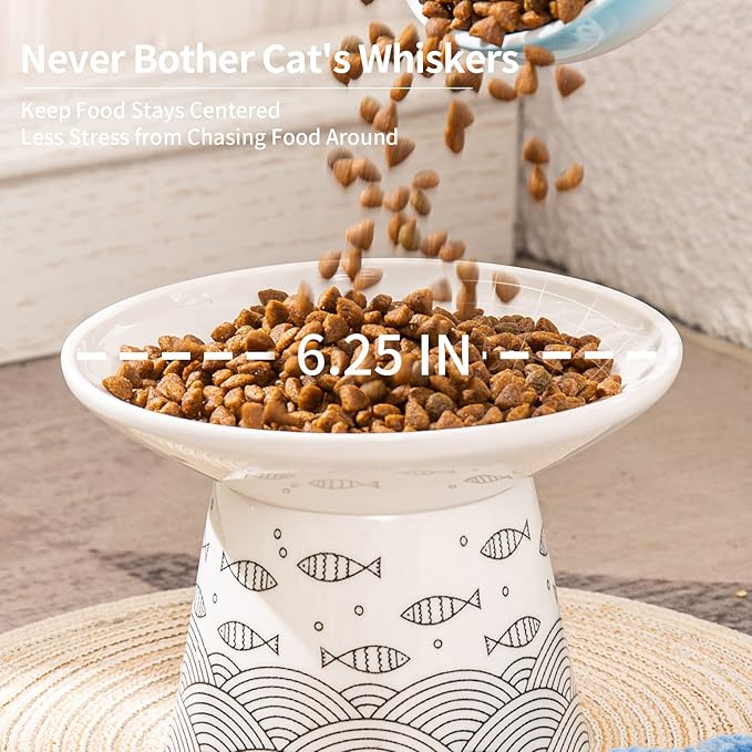 OMAYKEY 6.25 Inch Extra Wide Ceramic Raised Cat Bowls, Elevated Cat Bowls for Food & Water, Wide Shallow Cat Food Dish, Whisker Fatigue, Stress Free, Protect Spine, Black & Green Fish
