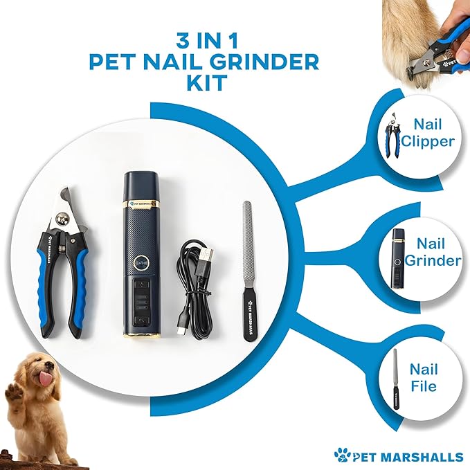 3-in-1 Cat & Dog Nail Grinder with Clipper & File, Quiet LED Trimmer, 3-Speed Pet Grooming Tool, Rechargeable 2000mAh Battery