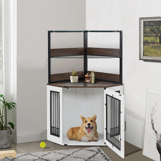 MCombo Small Corner Dog Crate Furniture with Glass Shelves, Wooden Dog Kennel Furniture with Door, Pet Crate Indoor Use, CN17 (White and Brown)