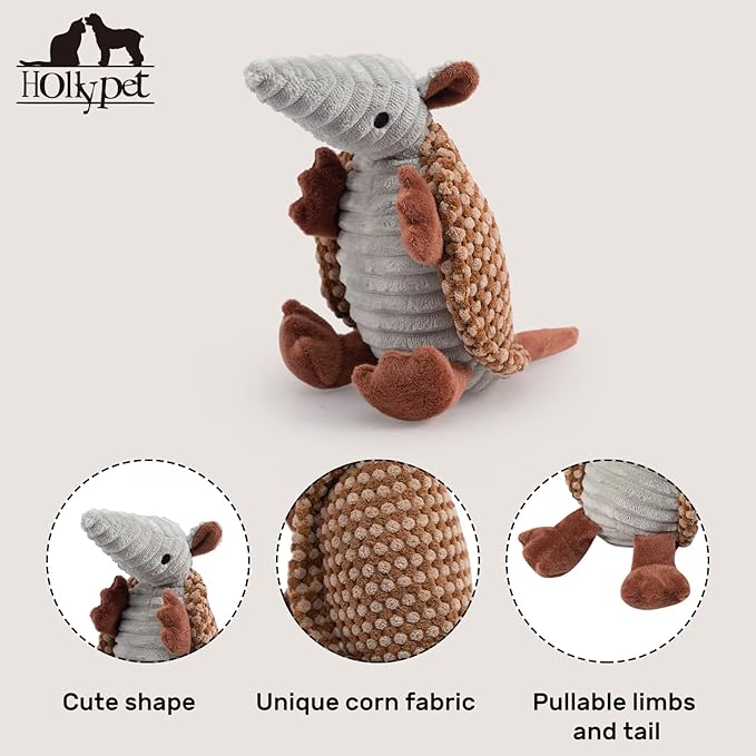 Hollypet Plush Dog Squeaky Toy Stuffed Armadillo Animal Pet Puppy Chew Toys with Clean Teeth for Small Medium Large All Breed Sizes Dogs, Brown and Bronze,8 in