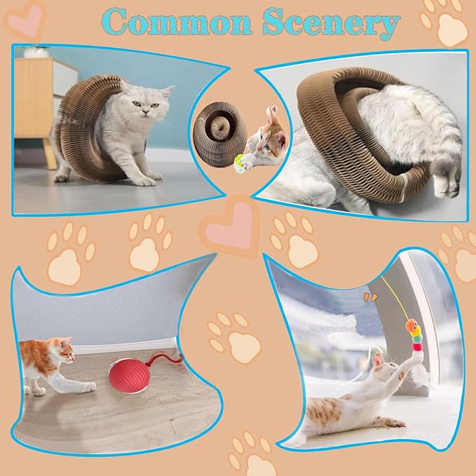 Kitty Curls Cat Toy Set, Magic Accordion Interactive Scratching Board with Bell Ball, Claw-Grinding Cat Scratching Board, Recyclable and Durable
